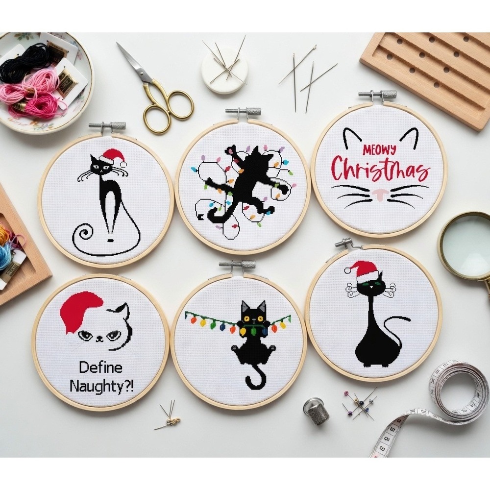 Set of SIX - Christmas Black Cat Holiday Counted Cross Stitch Pattern Chart